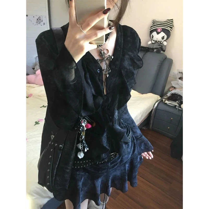 Y2K Ruffles Mini Dress Women Harajuku Vintage Bandage Dresses Summer Gothic Aesthetic Sexy V Neck Long Sleeve Bodycon Vestidos - Image 4