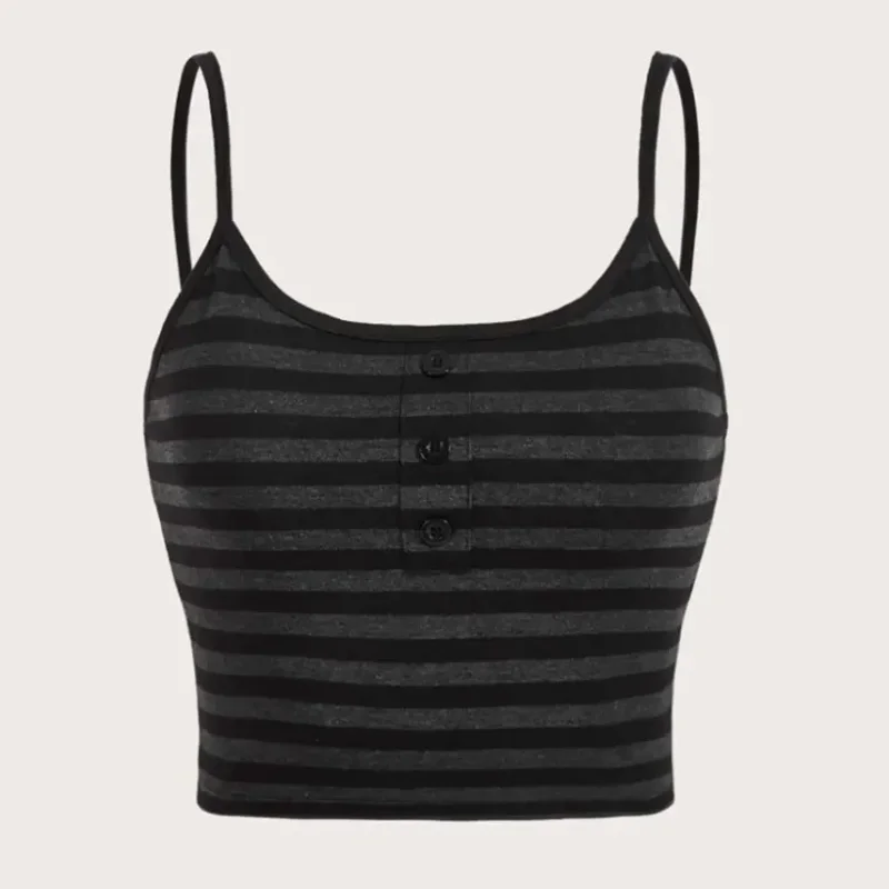 2025 Women's Summer Y2K Goth Punk Crop Top - Striped Button Sleeveless   High Street Fashion Streetwear - Image 3