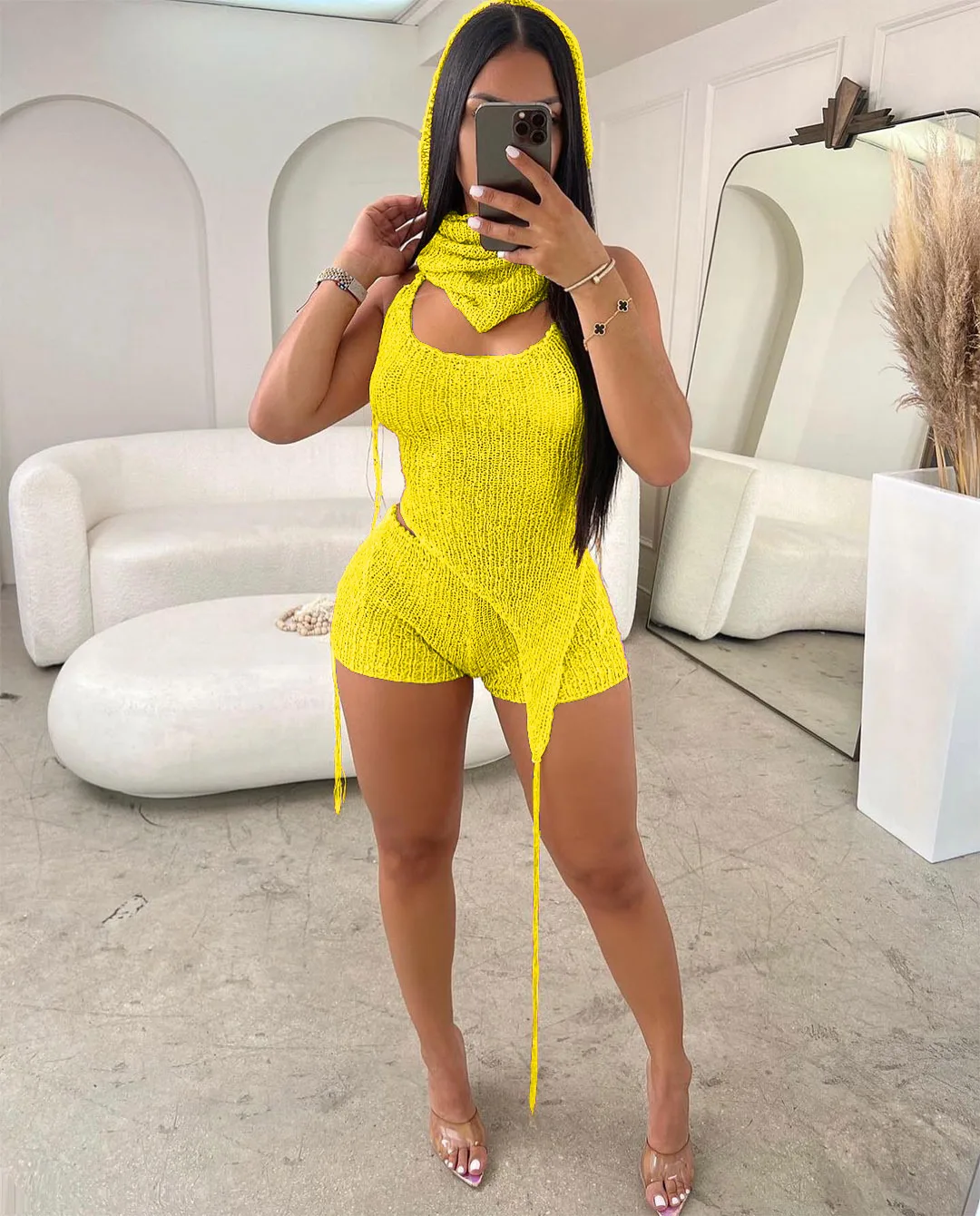 CM.YAYA Knit Ribbed Women's Set Halter Neck Backless Crop Top with Hat Shorts Suit 2023 Summer Two 2 Piece Set Outfit Tracksuit - Image 13