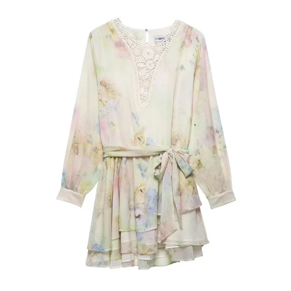 Willshela Women Fashion With Belt Printed Pleated Asymmetrical Mini Dress Vintage O-Neck Long Sleeves Female Chic Lady Dresses