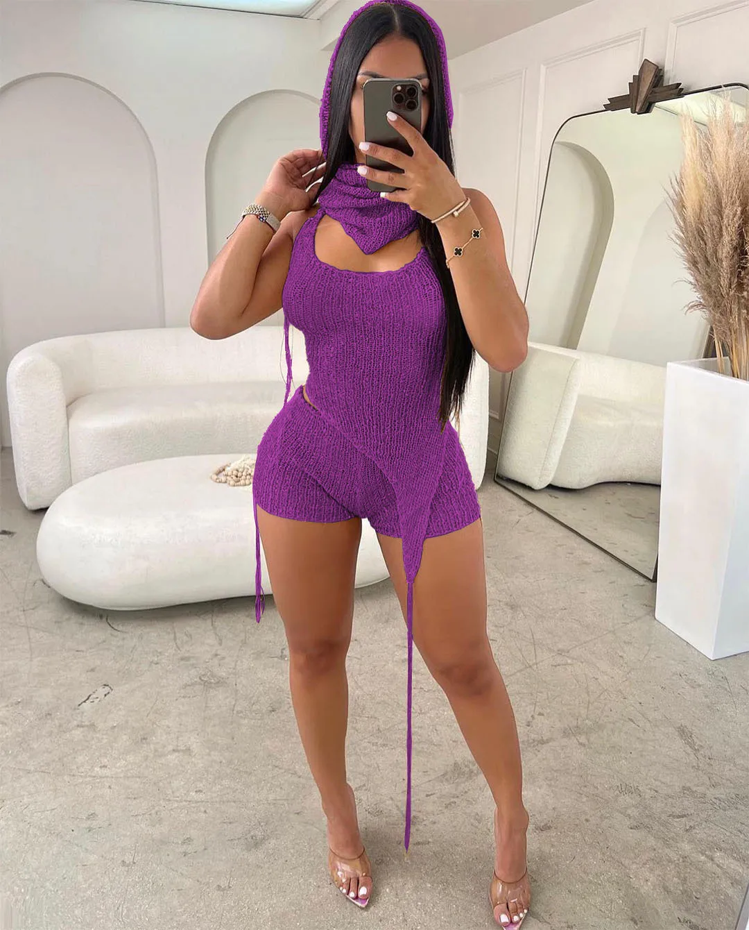 CM.YAYA Knit Ribbed Women's Set Halter Neck Backless Crop Top with Hat Shorts Suit 2023 Summer Two 2 Piece Set Outfit Tracksuit - Image 11