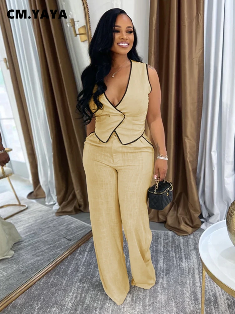 CM.YAYA Fashion Women's Set Strapless Vest Tops and Wide Leg Pants Suit 2025 Summer Street Two 2Piece Sets Outfit Tracksuit