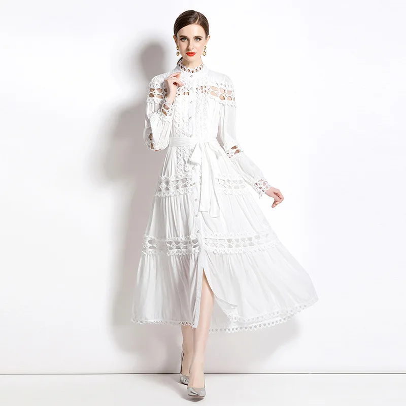 Plus Size Dresses Women's Clothing Summer Dress 2025 Elegant Lace Patchwork Hollow Out White Wedding Guest Beach Sundress - Image 2