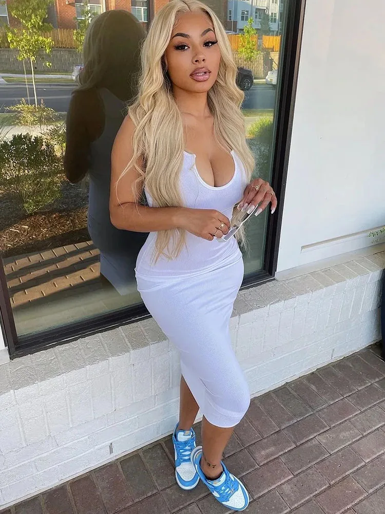 Sifreyr Ribbed V Neck Tank Long Dress Women Solid Sleeveless Bodycon Maxi Dress Sexy Streetwear Party Club Outfits Slim Sundress - Image 3