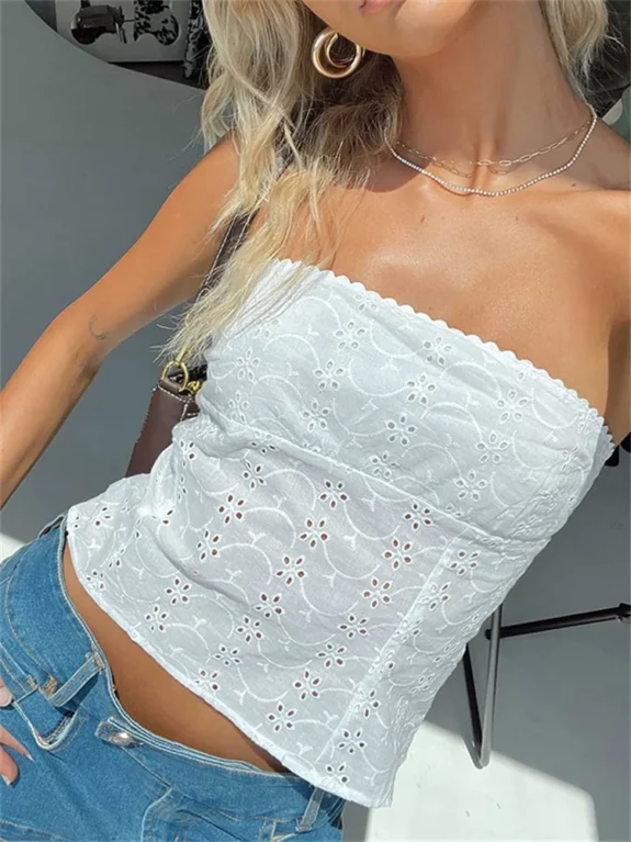 CHRONSTYLE Y2K Fairycore Vintage Strapless Camis Boho Floral Hollow Out Tube Tops Chic Women Summer Off Shoulder Backless Tank