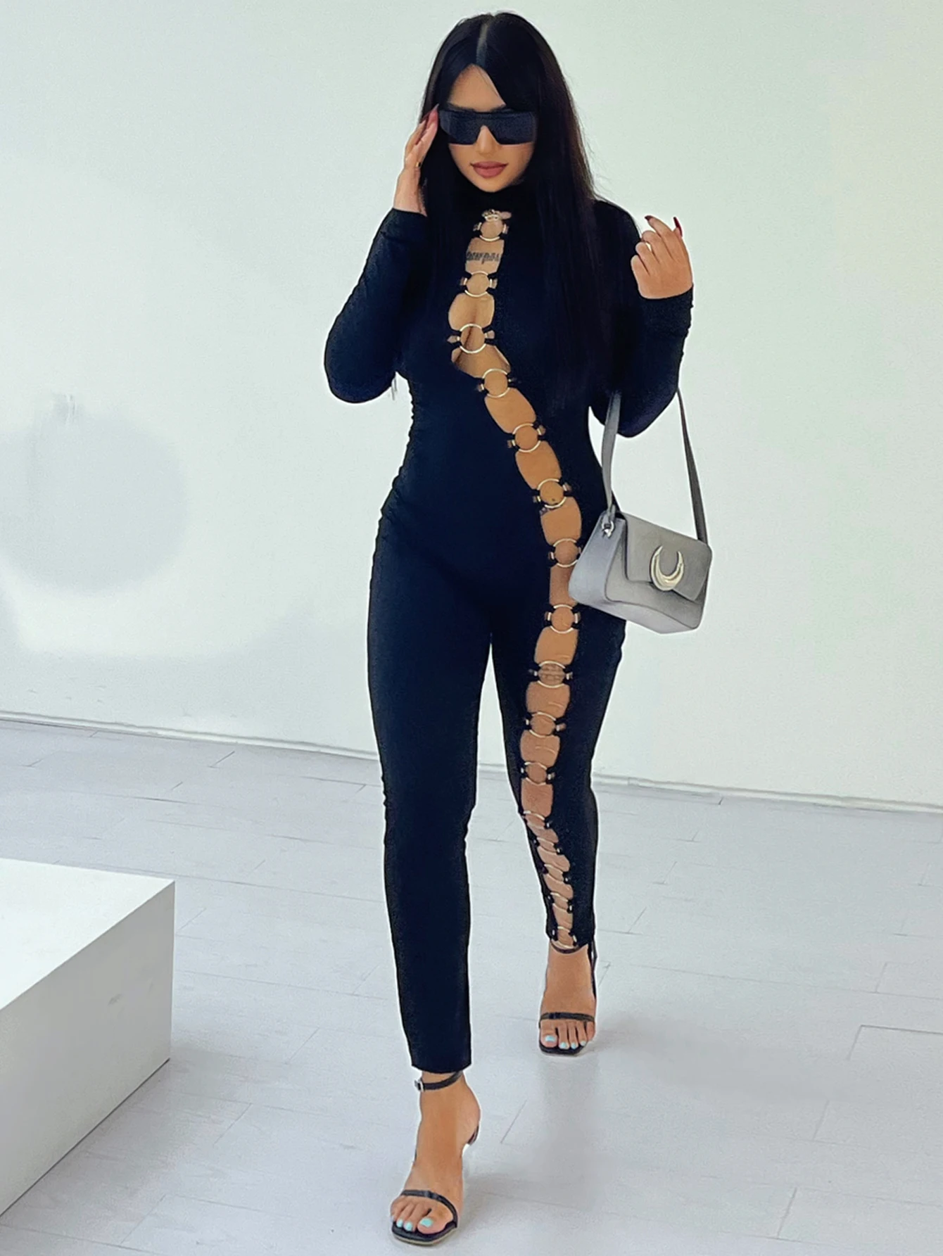 Women's stand up collar tight solid color jumpsuit with metal circle decoration long sleeved all-in-one pants, fitness leggings - Image 7