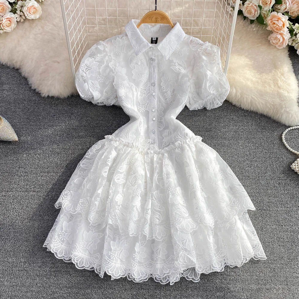 Short Dress Women Dresses Lace A Line Vestidos Turn Down Collar Puff Sleeve Slim White Single Breasted Elegant Y2k High Waist - Image 4