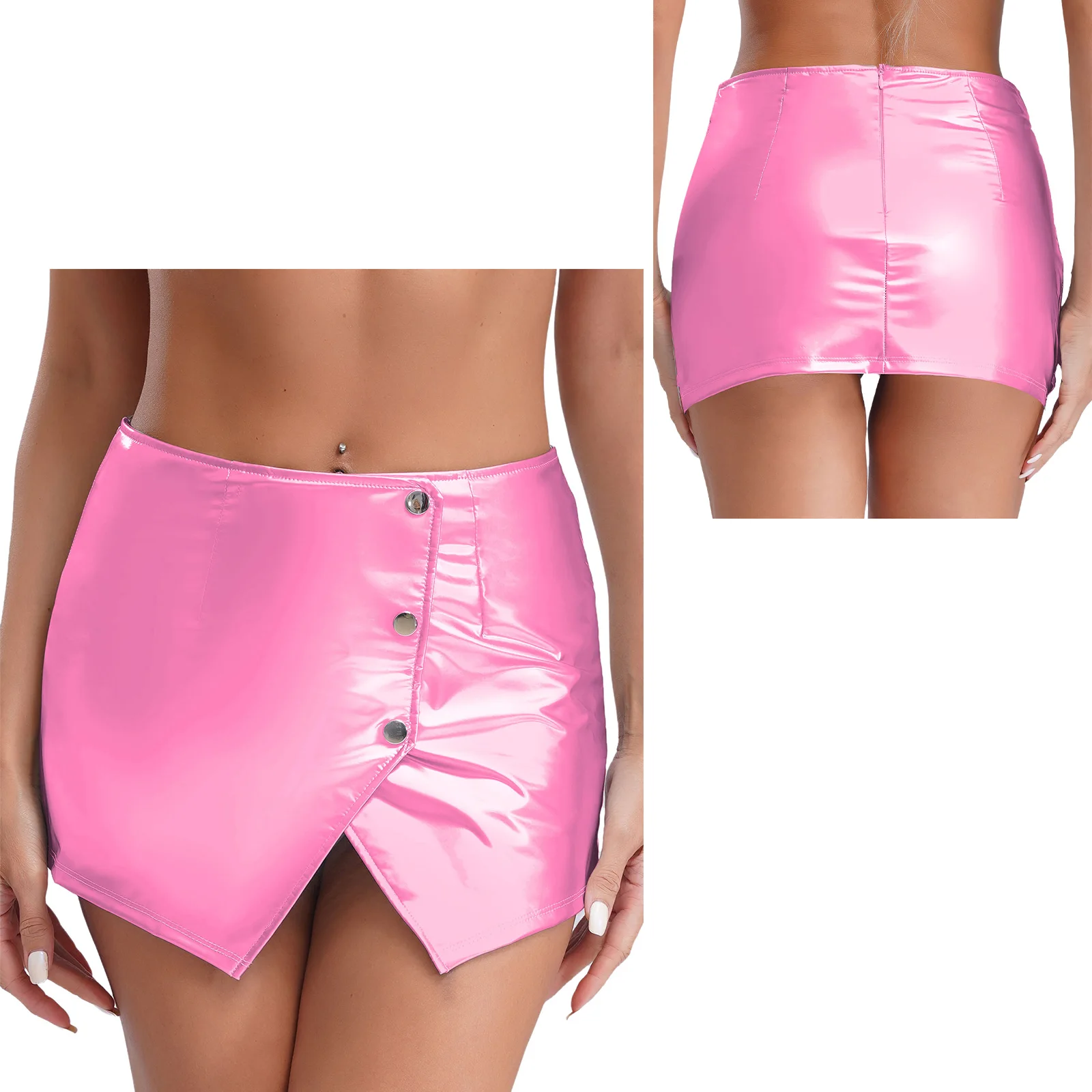 Womens Metallic Sexy Front Split Latex Mini Skirt Shiny Short Skirt Bar Clubwear Holographic Buttons Back Zipper Club Skirts - Image 9