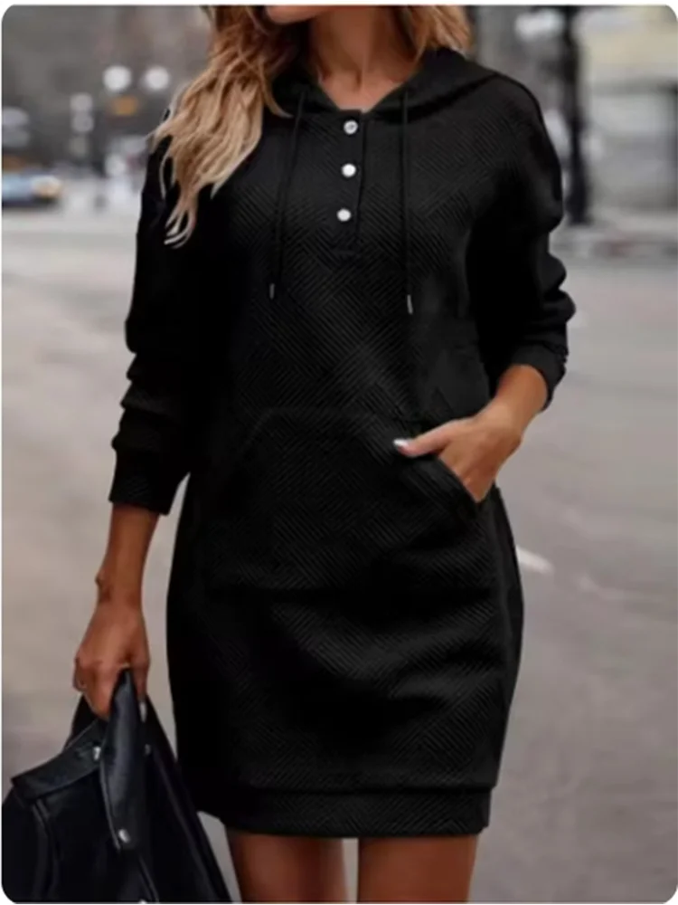 Button Hooded Pocket Pullover Top Women's High Street Casual Comfortable Autumn Winter Solid Color Mini Dress - Image 4
