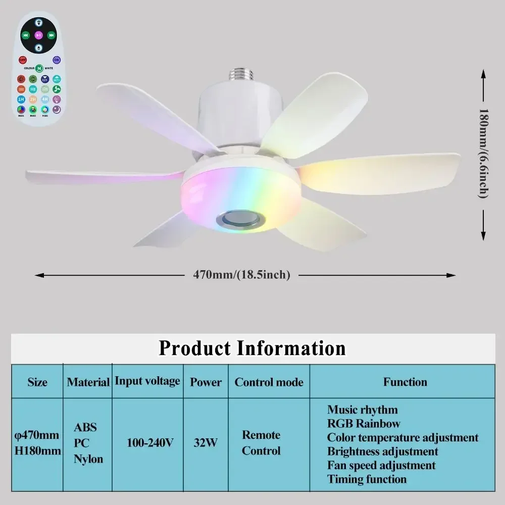 RGB Ceiling Fan Light with Bluetooth Music Remote Control LED Electric Cordless Fan Eye Protection Speed Adjustable for Bedroom - Image 6