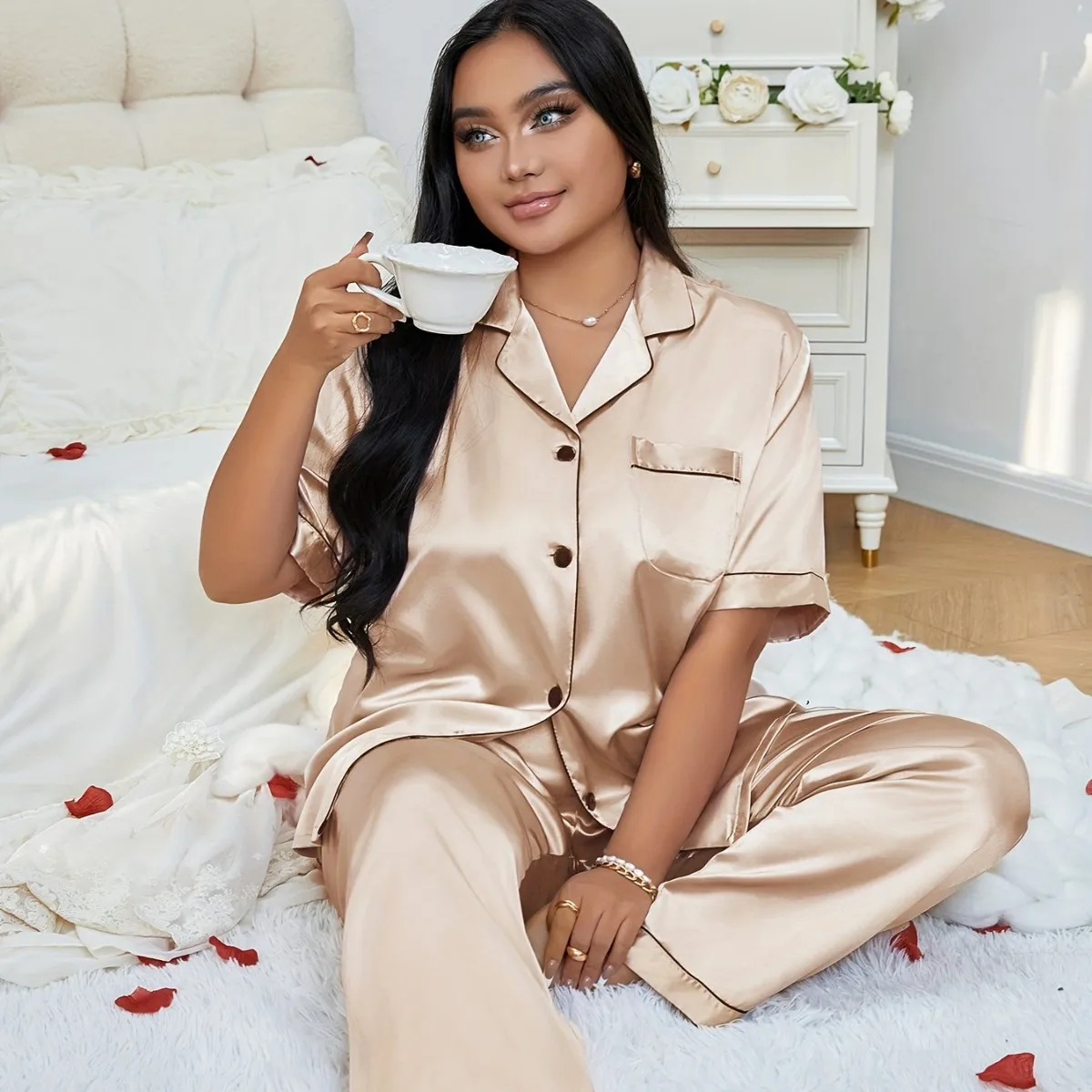 Plus Size 3XL 4XL 5XL Women's Sleepwear Pajamas Set Spring Summer Short Sleeve Trouser Suits Loungewear Loose Satin Homewear - Image 10