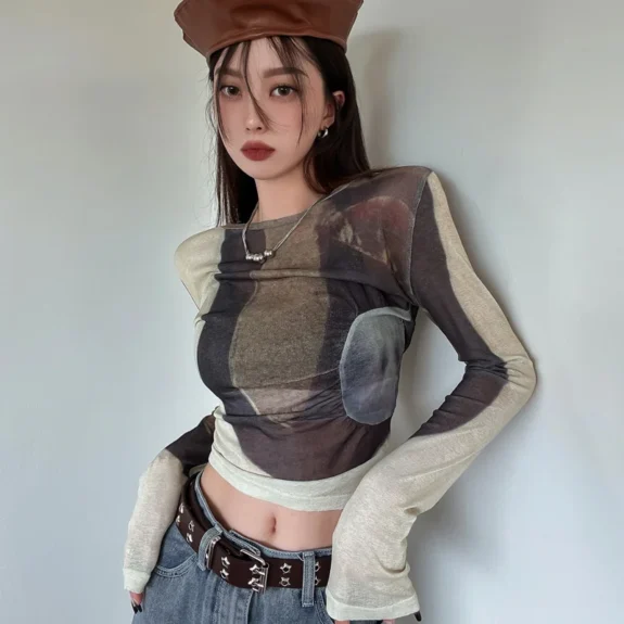 Top Female Tie Dye Spring Autumn Slim Women's Long Sleeve T-shirt Sexy Crop Y2k Fashion Korea Goth Cheap Clothing Sales Clothes