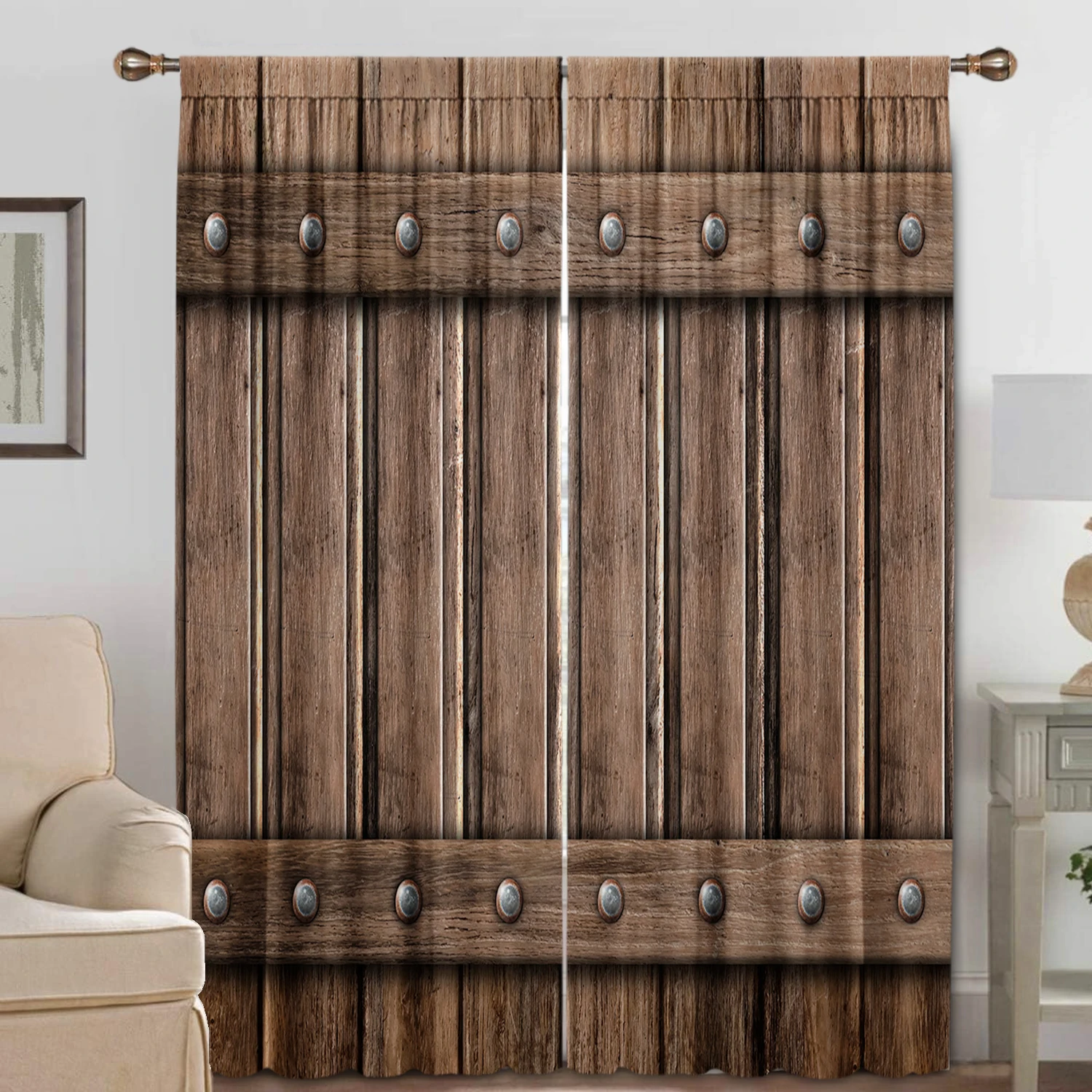 2PC Home Decoration Curtains, Retro Gray Brown Wooden Door With Rod Pocket Curtains, Kitchen, Coffee Shop, Living Room, Balcony - Image 2