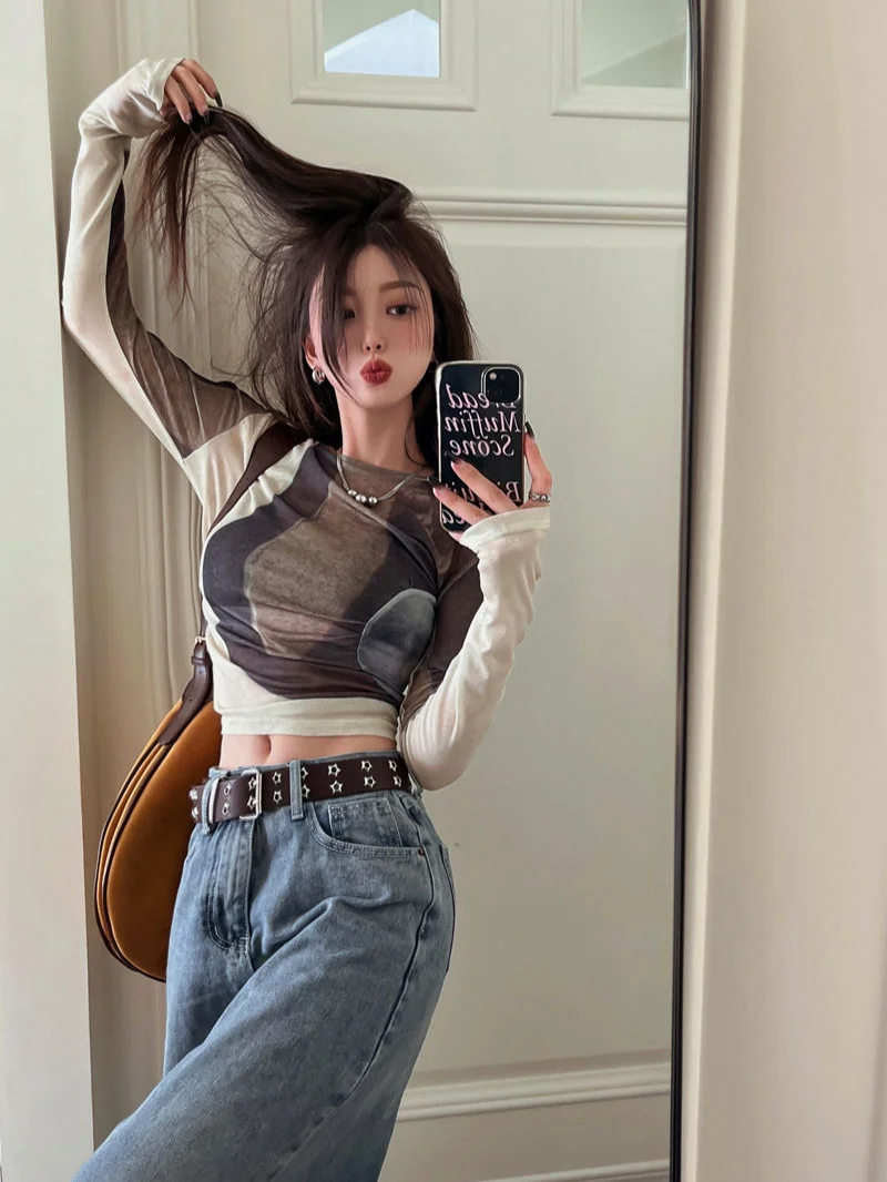 Top Female Tie Dye Spring Autumn Slim Women's Long Sleeve T-shirt Sexy Crop Y2k Fashion Korea Goth Cheap Clothing Sales Clothes - Image 5