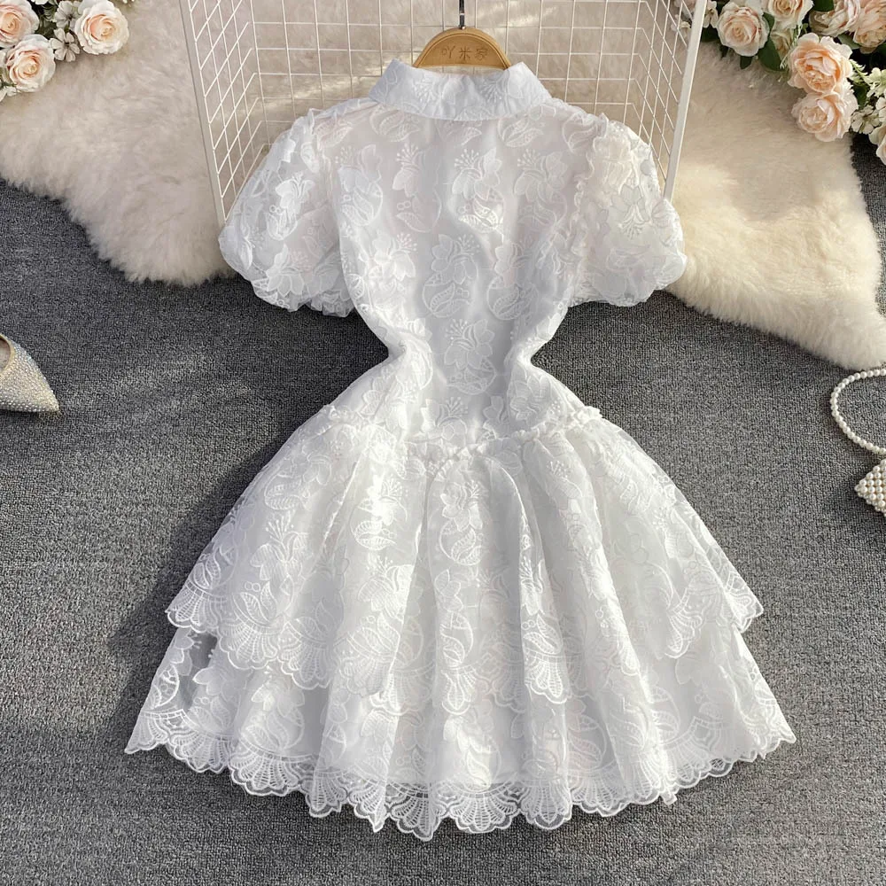 Short Dress Women Dresses Lace A Line Vestidos Turn Down Collar Puff Sleeve Slim White Single Breasted Elegant Y2k High Waist - Image 5