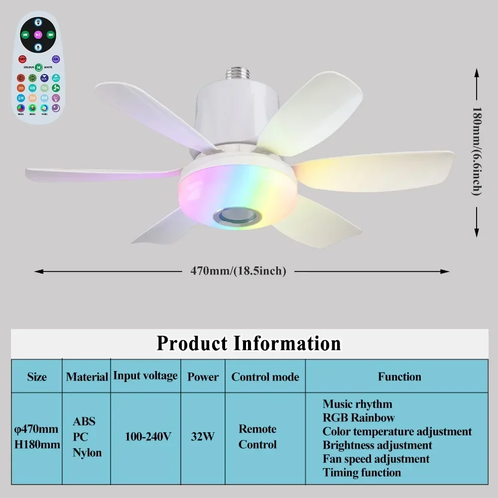 RGB Ceiling Fan Light with Bluetooth Music Remote Control LED Electric Cordless Fan Eye Protection Speed Adjustable for Bedroom - Image 8