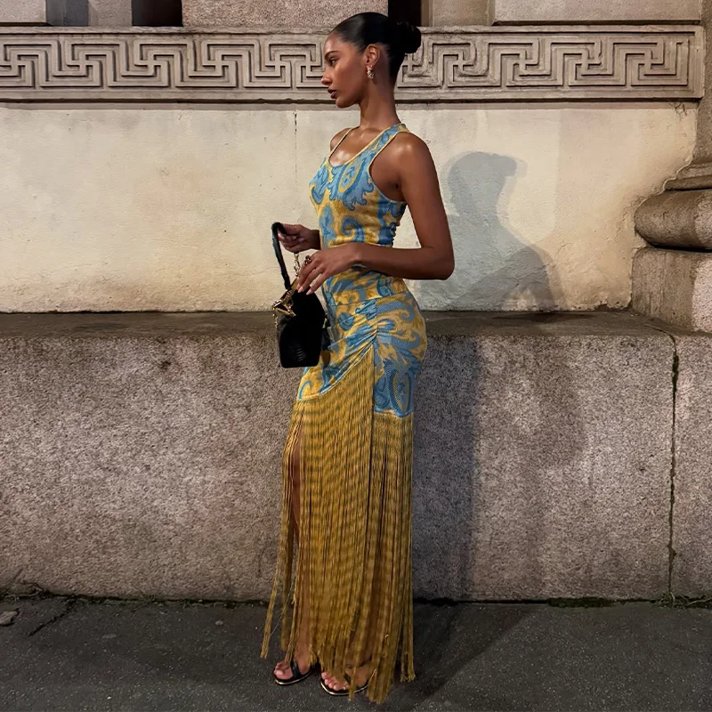 Hollow Out See-through Long Dress Women Holiday Tassels High Waist Sleeveless Strap Dresses Female Backless Evening Club  Robe - Image 8