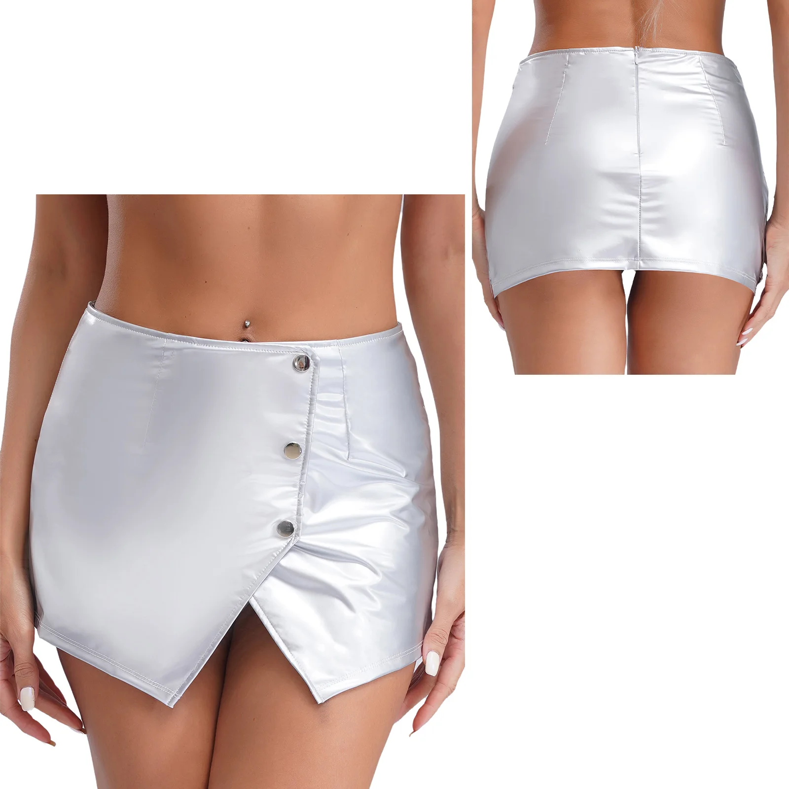 Womens Metallic Sexy Front Split Latex Mini Skirt Shiny Short Skirt Bar Clubwear Holographic Buttons Back Zipper Club Skirts - Image 6