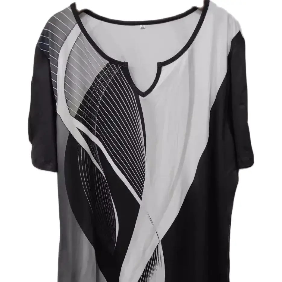 2024 new plus size women's black and white color matching printed V-neck off-the-shoulder large size casual T-shirt woman - Image 4