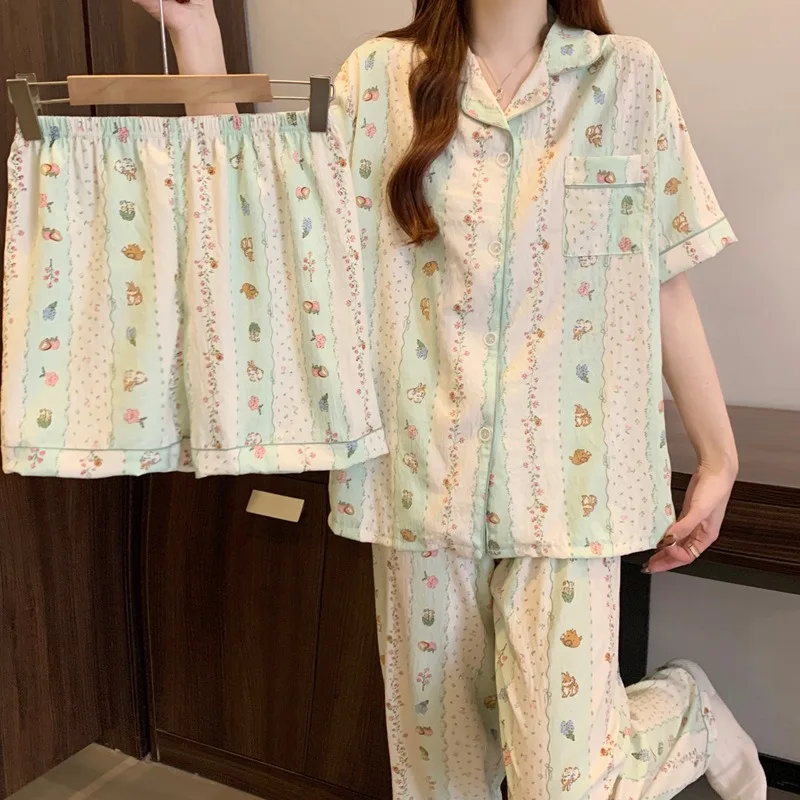 Women's Plus Size Pajamas Three-Piece Small Floral Short Sleeve Trousers Student Loungewear Cardigan Shorts Set Girl Nightwear