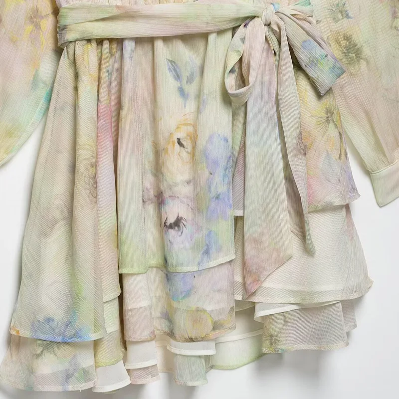 Willshela Women Fashion With Belt Printed Pleated Asymmetrical Mini Dress Vintage O-Neck Long Sleeves Female Chic Lady Dresses - Image 5