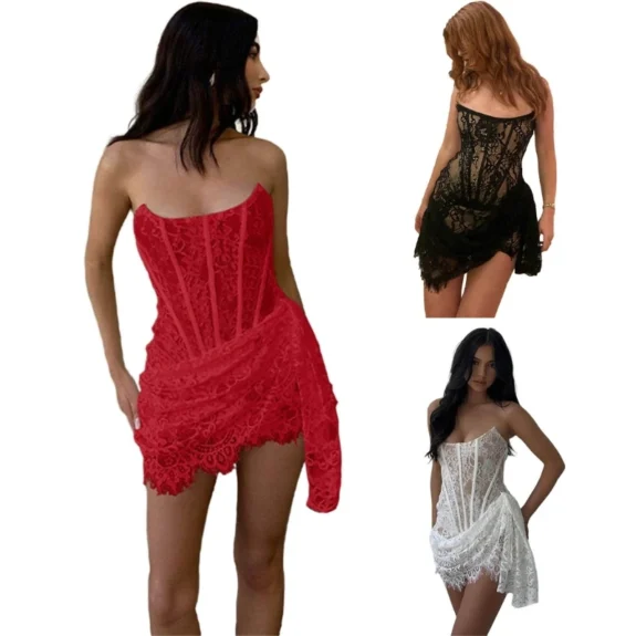 Women Strapless Bandage Backless Floral Lace Corset Tube Dress Sleeveless Off Shoulder Ruched Mesh Bodycon Mini Dress