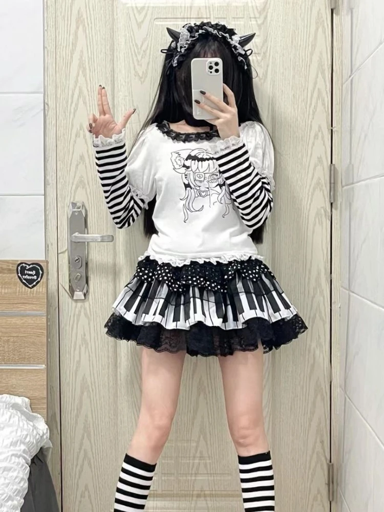 Harajuku Black White Grunge Skirts Women Y2k Aesthetic High Waist Cake Mini Streetwear Lace Patchwork Vintage Kawaii Mini Jupe - Image 6