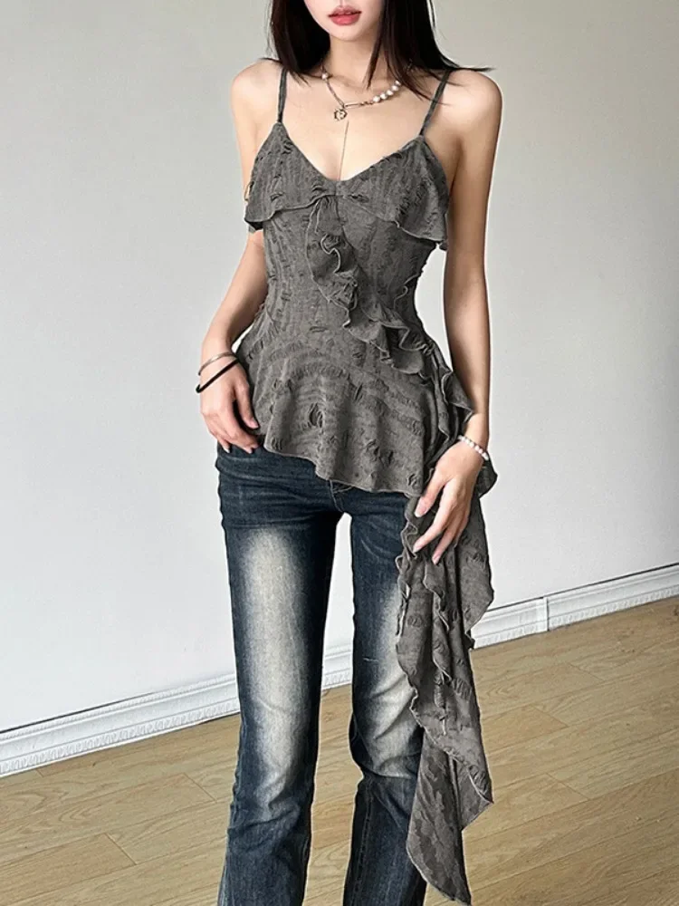 2024 Streetwear Irregular Ruffled Women Backless Camisole Vintage Solid Hole Tanks Summer Grunge Sexy Y2k Aesthetic Long Tops - Image 3