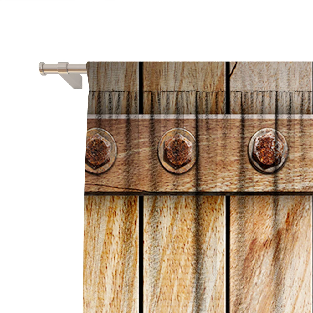 2PC Home Decoration Curtains, Retro Gray Brown Wooden Door With Rod Pocket Curtains, Kitchen, Coffee Shop, Living Room, Balcony - Image 5