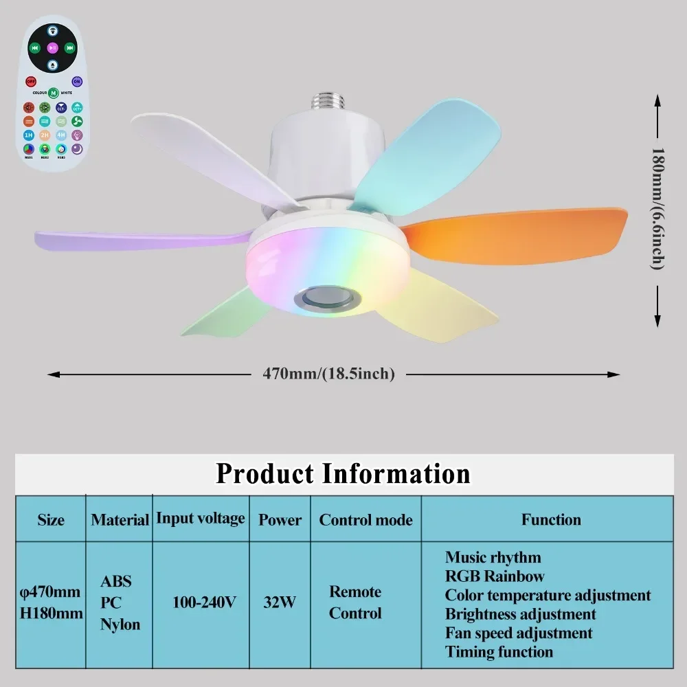 RGB Ceiling Fan Light with Bluetooth Music Remote Control LED Electric Cordless Fan Eye Protection Speed Adjustable for Bedroom - Image 9