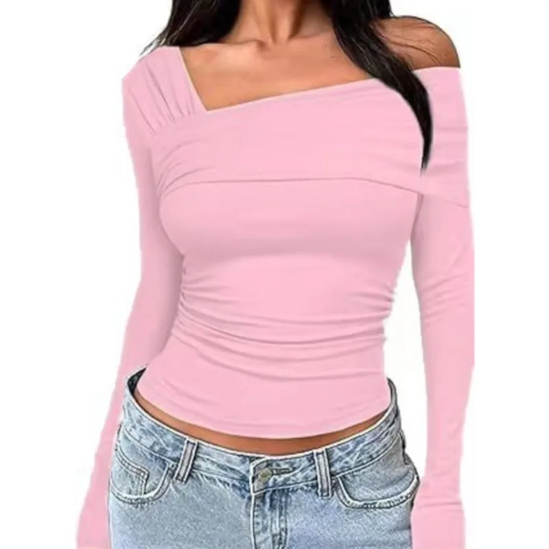 Fashionable Casual Women's Solid Color Single Shoulder Long Sleeved Top With Pleats For Outdoor Wear Slim Fit Y2K T-shirt Autumn - Image 6