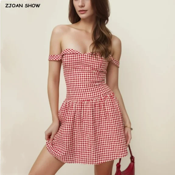 2024 Holiday Plaid Print Off Shoulder Mini Dress Retro Women Short Sleeve Low Waist Ruched Hem Ball Gown Swing Mini Robe Party