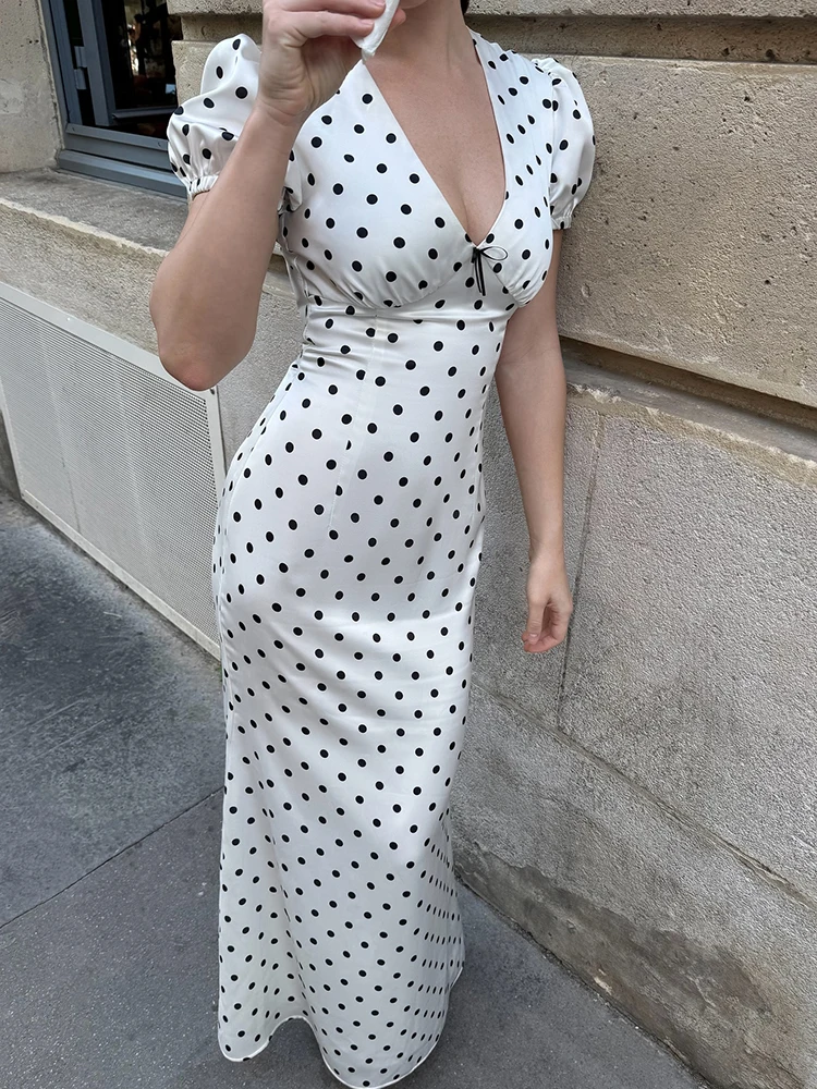 JULISSA MO Sexy V-neck Print Polka Dot Women Maxi Dress White Short Sleeve Lace Up Dress Summer Slim Elegant Party Evening Dress