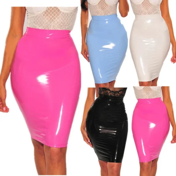 Fashion Bright Candy Color PU Leather Skirt Sexy Slim Hip Short Skirt Women Bodycon Bottoms High Waist Pencil Knee Length Skirt