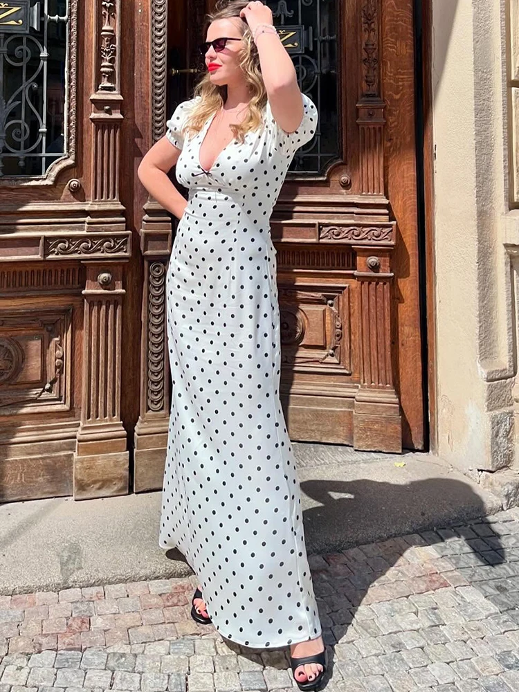 JULISSA MO Sexy V-neck Print Polka Dot Women Maxi Dress White Short Sleeve Lace Up Dress Summer Slim Elegant Party Evening Dress - Image 5