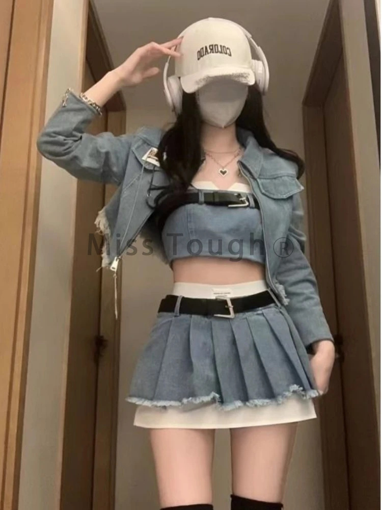 High Street Y2k Fashion Two Piece Set Women Retro Denim Long Sleeve Skirts Suit Korean Style Chic Set Short Vest + Mini Skirt - Image 5