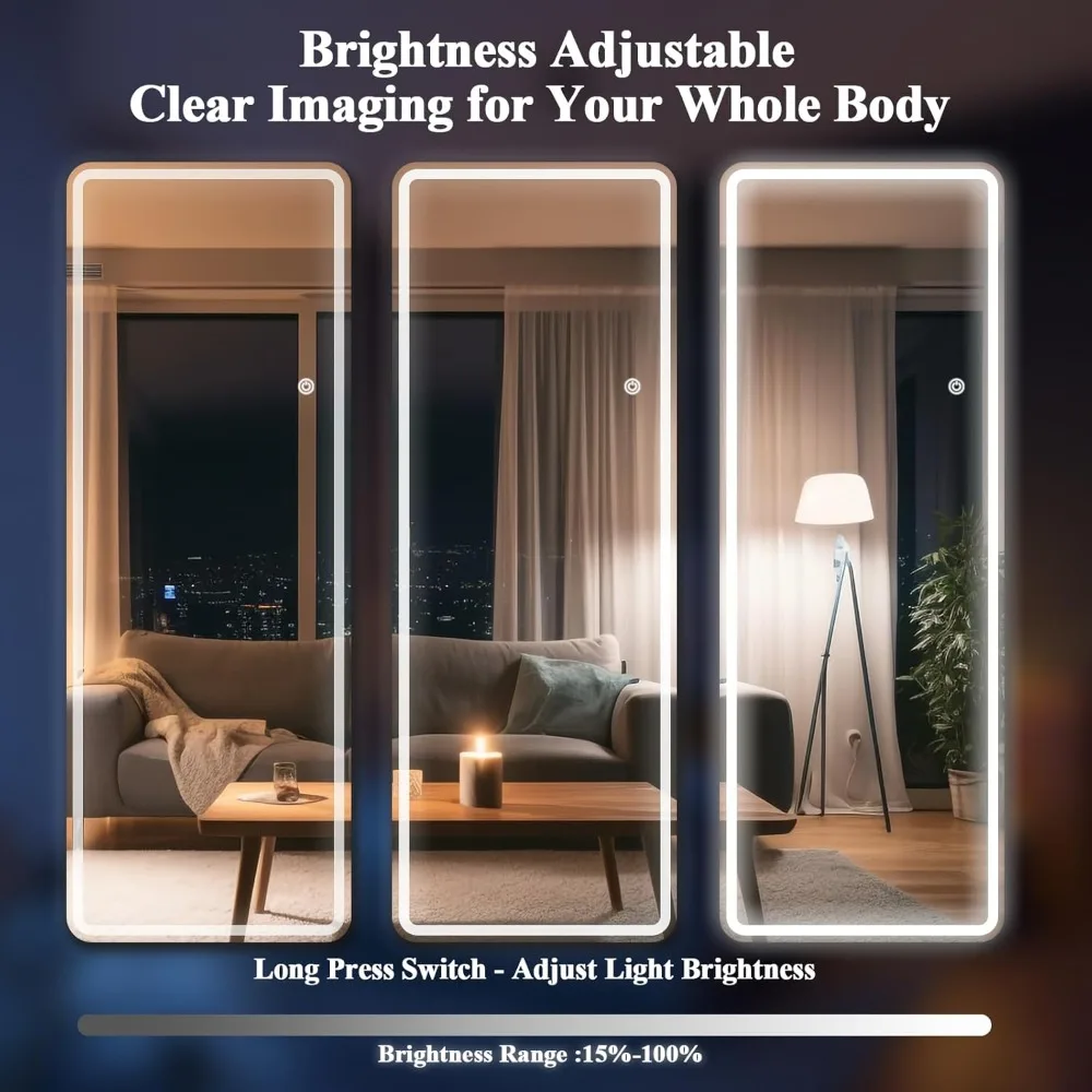 71 inch x 30 inch LED full-length mirror with rounded corners, bedroom/dressing room floor standing, tri color lighting, white - Image 5