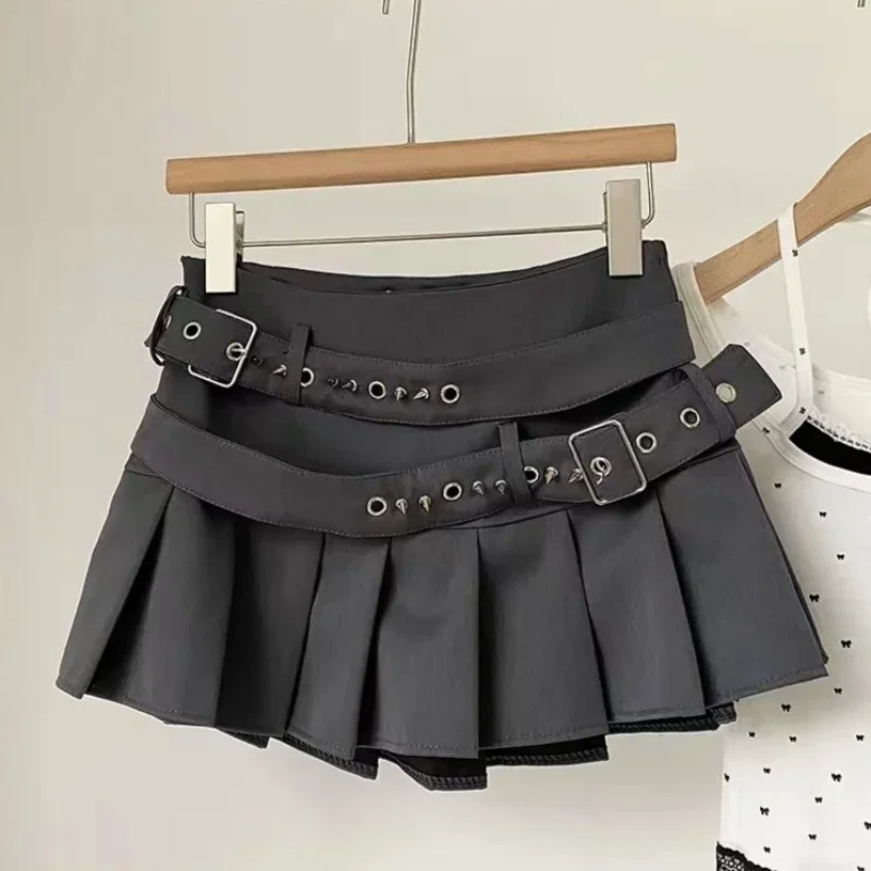 2025 Summer Korean Fashion Double Belt Pleated Mini Skirt Women Y2k Vintage Black Grey High Waisted 2000s Hot Girl Kpop Skirts - Image 5