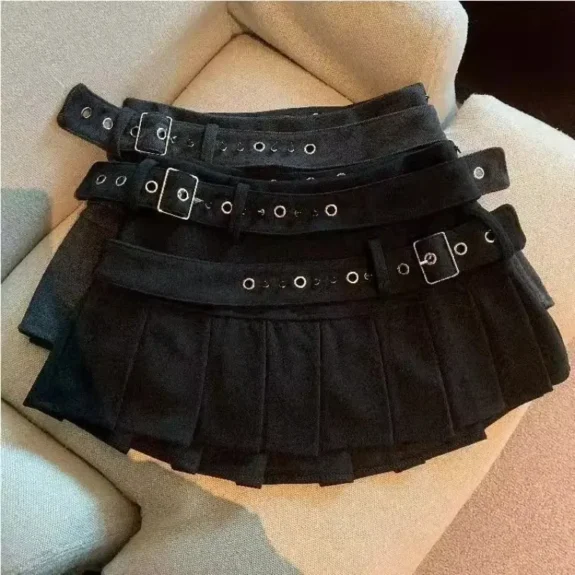 2025 Summer Korean Fashion Double Belt Pleated Mini Skirt Women Y2k Vintage Black Grey High Waisted 2000s Hot Girl Kpop Skirts
