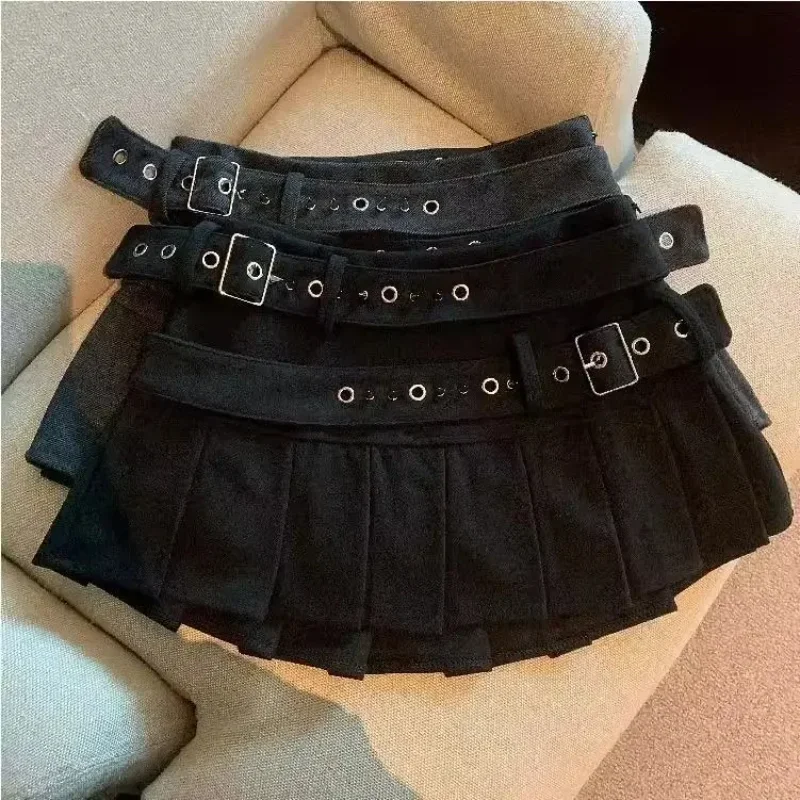 2025 Summer Korean Fashion Double Belt Pleated Mini Skirt Women Y2k Vintage Black Grey High Waisted 2000s Hot Girl Kpop Skirts
