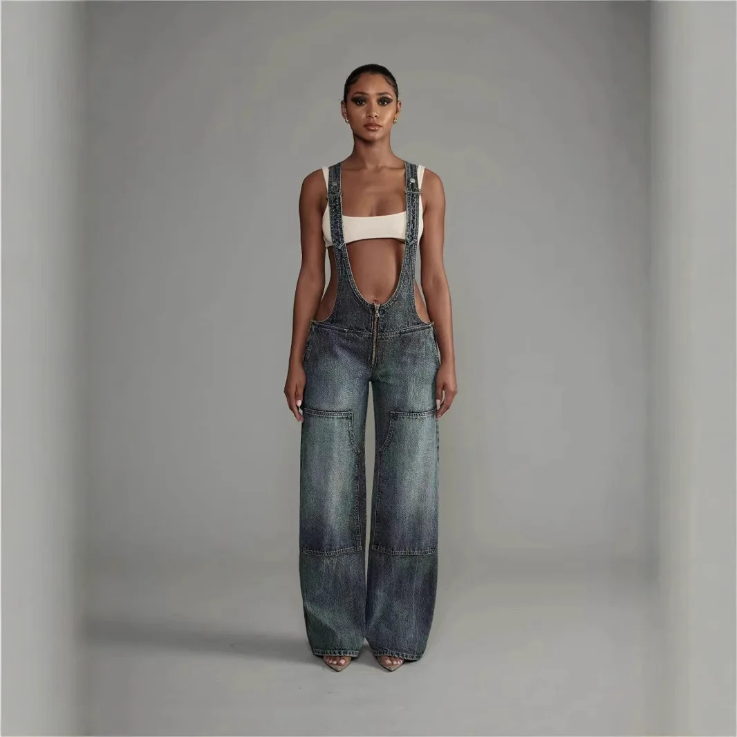 Women's Backpack Pants Street Style Low-waisted Strappy One-piece Wide-leg Jeans Ladies Personalized Hot Girl Pants 2025 New - Image 3