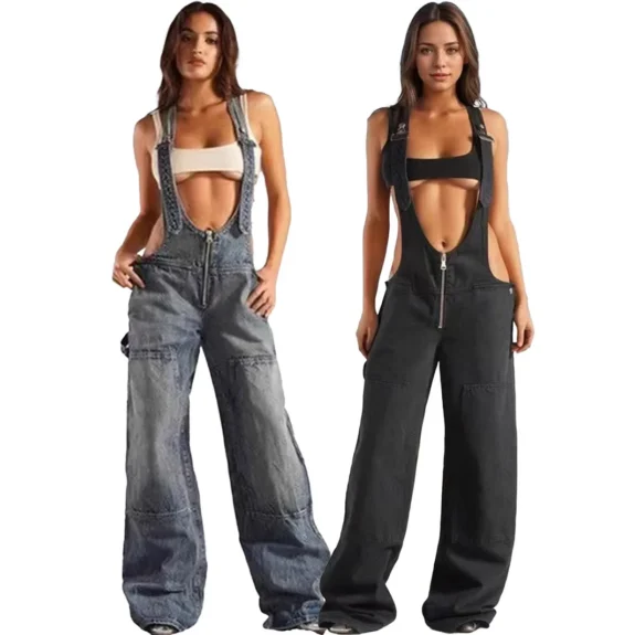 Women's Backpack Pants Street Style Low-waisted Strappy One-piece Wide-leg Jeans Ladies Personalized Hot Girl Pants 2025 New