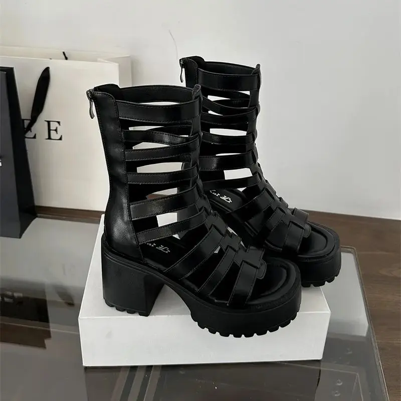 Woman Block Heels Sandals Punk Summer Boots Black Chunky Heels Platform Shoes  Back Zipper High-Tie Shoes Zapatos Mujer - Image 3