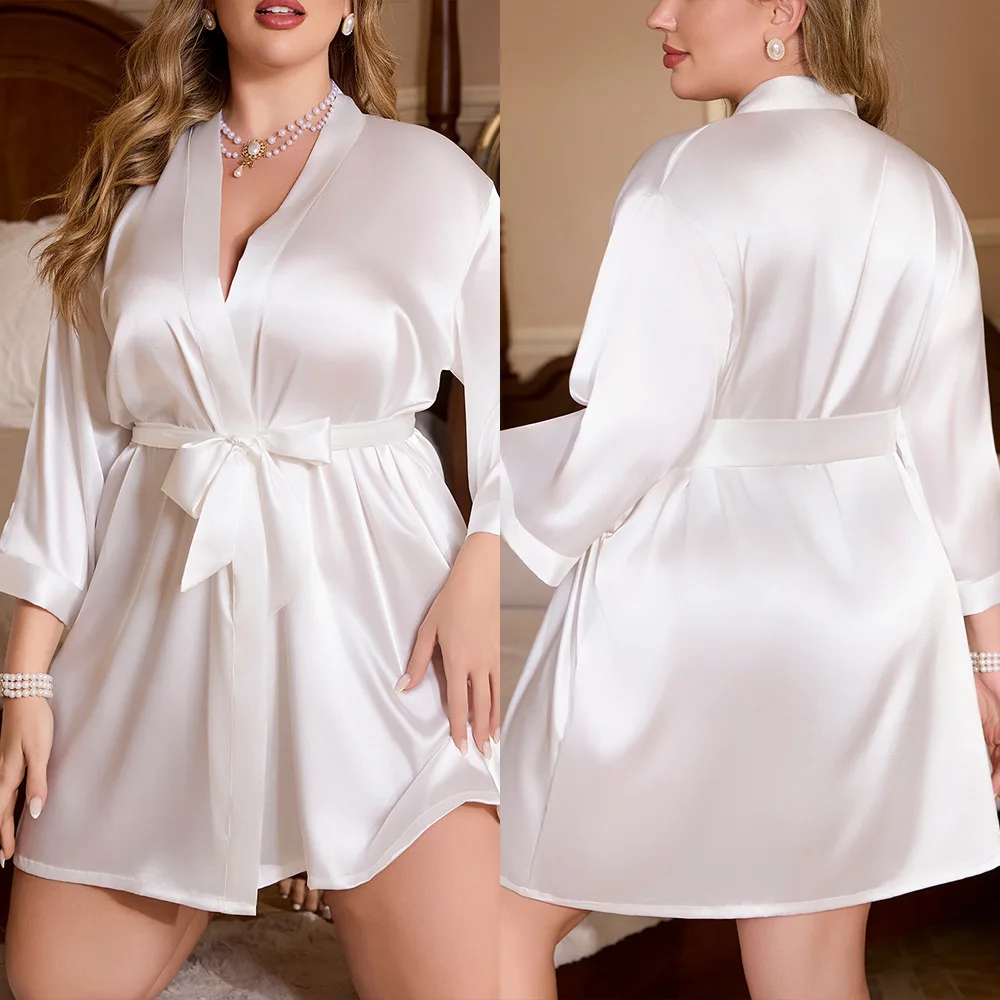 Plus Size 3XL 4XL 5XL Women's White Robe Kimono Bathrobe Gown Spring Summer Satin Sleepwear HomeWear - Image 5