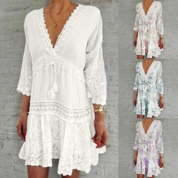 Dresses For Formal Occasions Womens Fashion V Neck Lace Jacquard Seven Quarter Sleeve Bohemian Floral Dress Sexy Beach Sundress