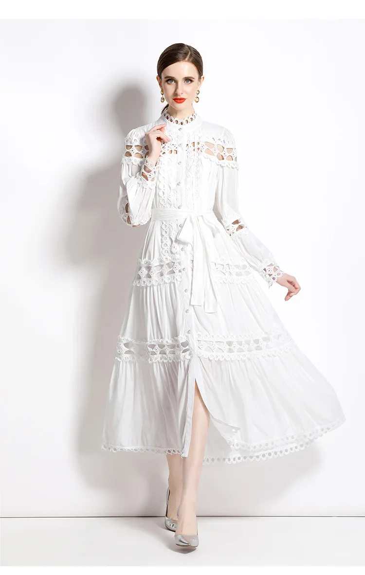 Plus Size Dresses Women's Clothing Summer Dress 2025 Elegant Lace Patchwork Hollow Out White Wedding Guest Beach Sundress - Image 8