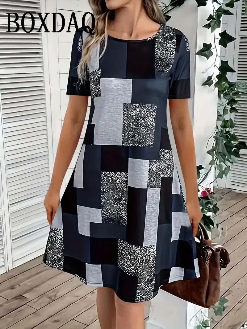 Plus Size Women Dress Casual Streetwear Clothing Short Sleeve Grid Print Loose Mini Dress 1XL-9XL Large Size O-Neck Summer Dress - Image 6