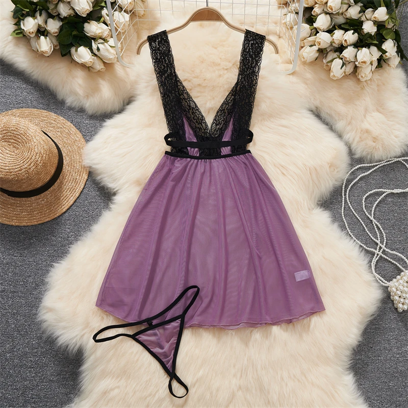 See-through Sexy Splicing Black Lace Deep V-neck Vest Dress Mesh Nightwear A-line Mini Dress Women Clothing Hollow Out Thin New - Image 2