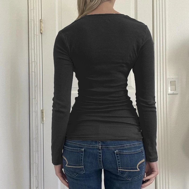 2000s Vintage Y2K Women Basic Crop Top Fairy Grunge Long Sleeve Button Slim Fit Brown Tee Harajuku Aesthetic T-shirt Streetwear - Image 5