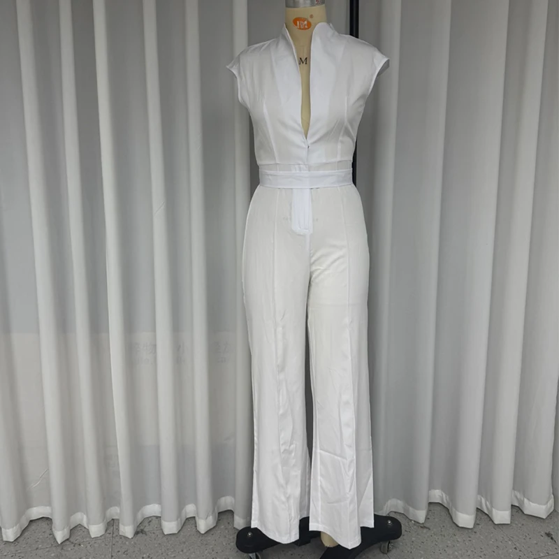 Wefads Women Jumpsuit Summer Casual Fashion Solid Sleeveless V Neck Nipped Waist Lace Up Loose Pants Rompers Streetwear - Image 4